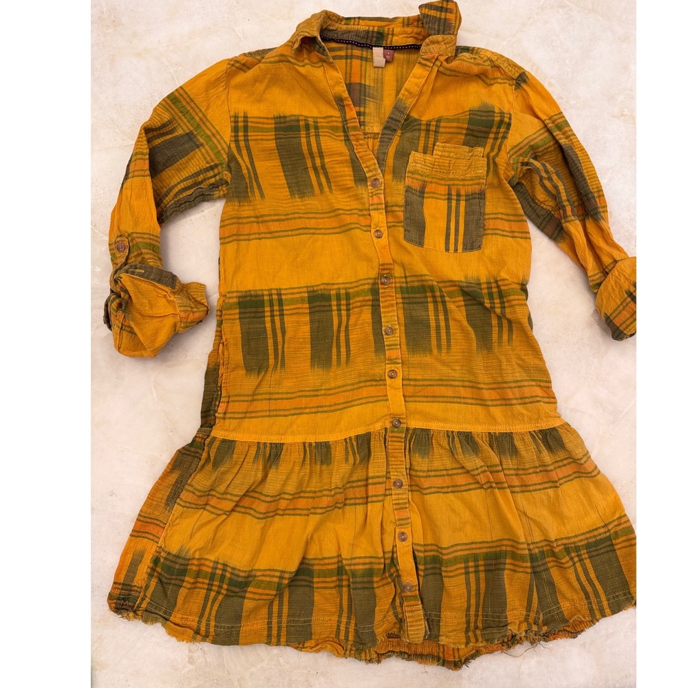 Free People Mustard Yellow Plaid Ikat Drop Waist Ruffle Shirt Dress Small